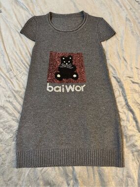 Gray Knit Mini Dress with Sequin Cat Motif